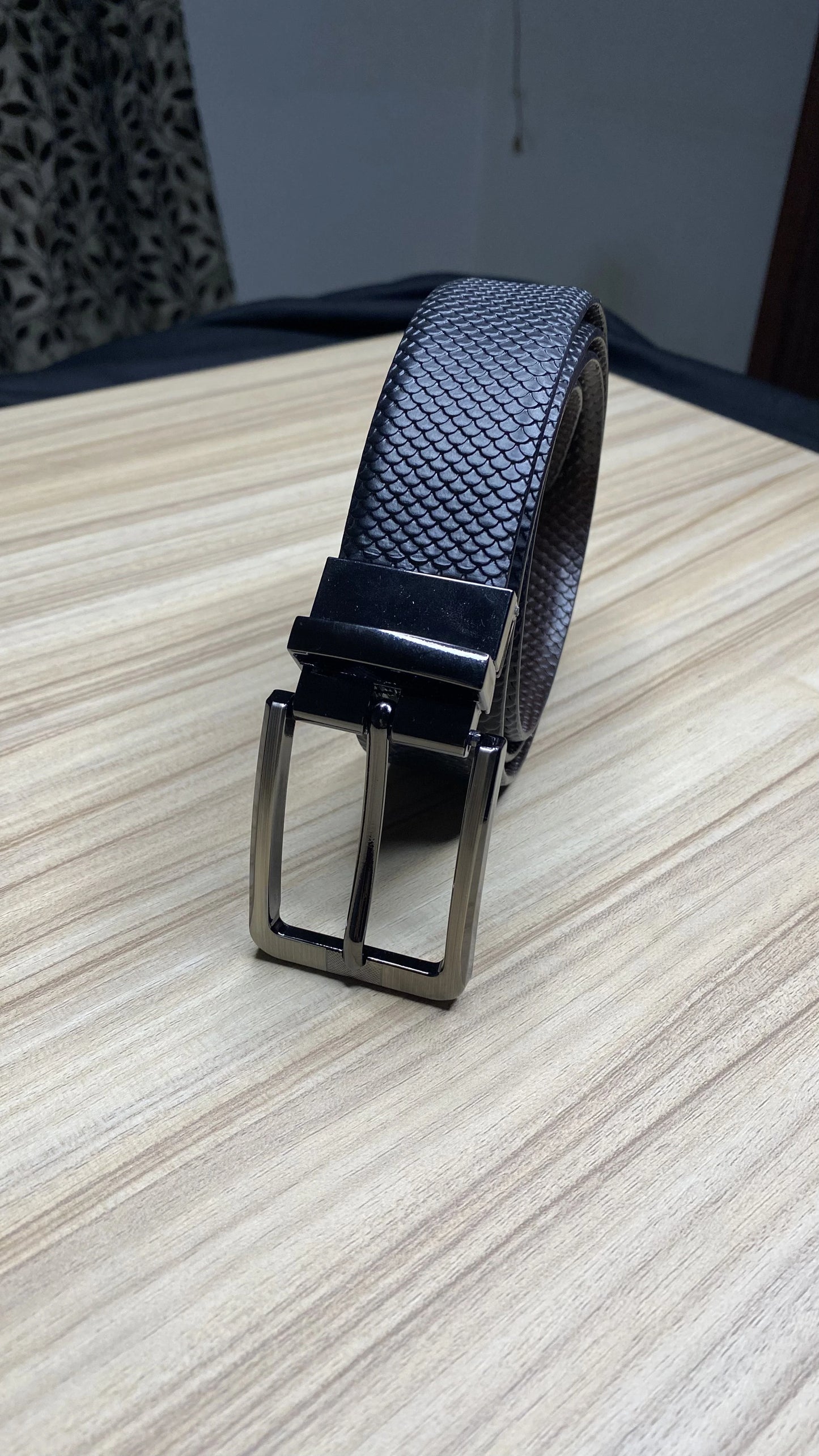 Leather Reversible Black & Brown Belt For Men with Grey Buckle (Leather Texture: Viper)