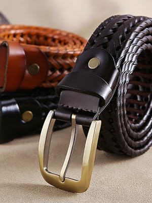 Men Braided Woven Genuine Leather Belt