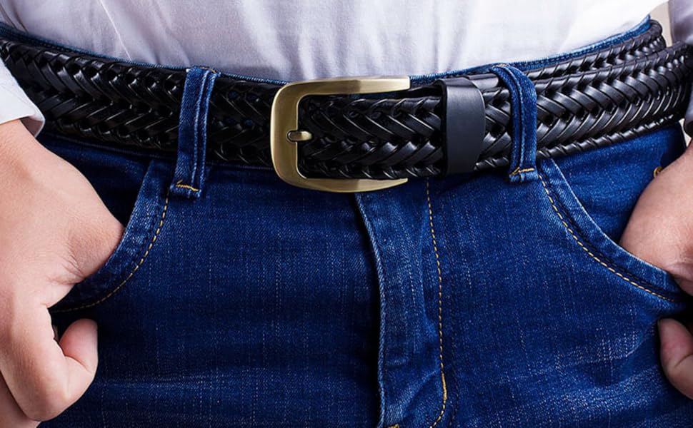 Men Braided Woven Genuine Leather Belt