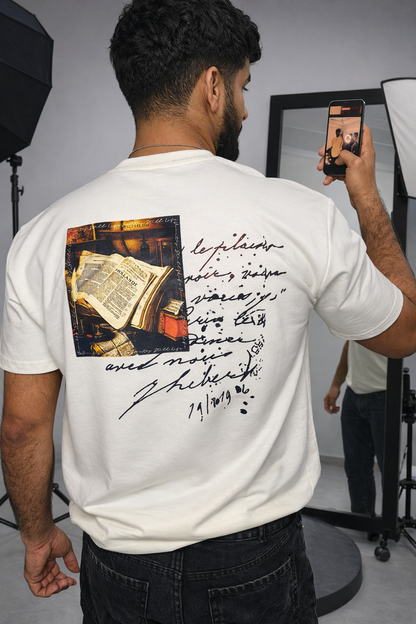 100% pure Cotton Vintage Manuscript Graphic Oversized Tee