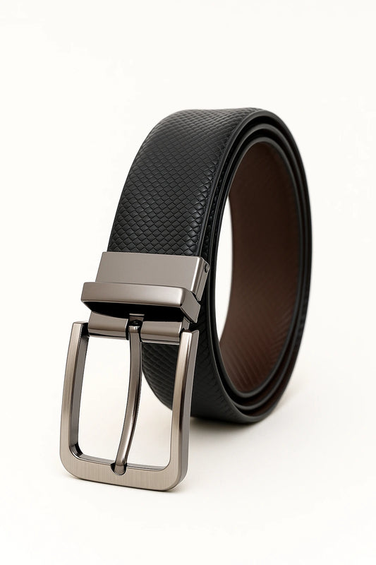 Leather Reversible Black & Brown Belt For Men with Grey Buckle (Leather Texture: Viper)